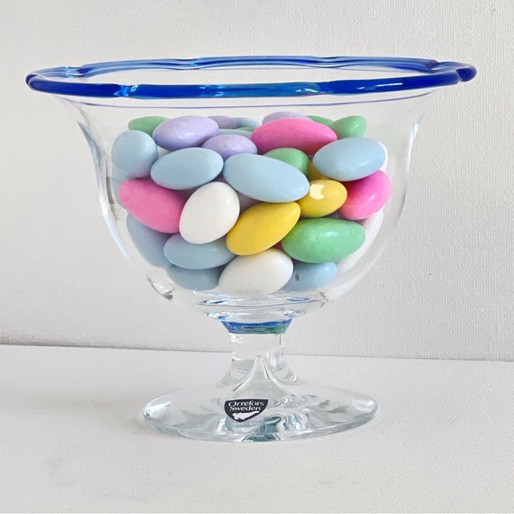 Orrefors Sweden Other - Vintage Orrefors Sweden Crystal Compote Bowl Cobalt Blue Rim Pedestal Dish